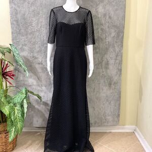 Vera Wang Maxi Formal 3/4 Sleeves Dress women’s size 10 Black illusion neck Mesh